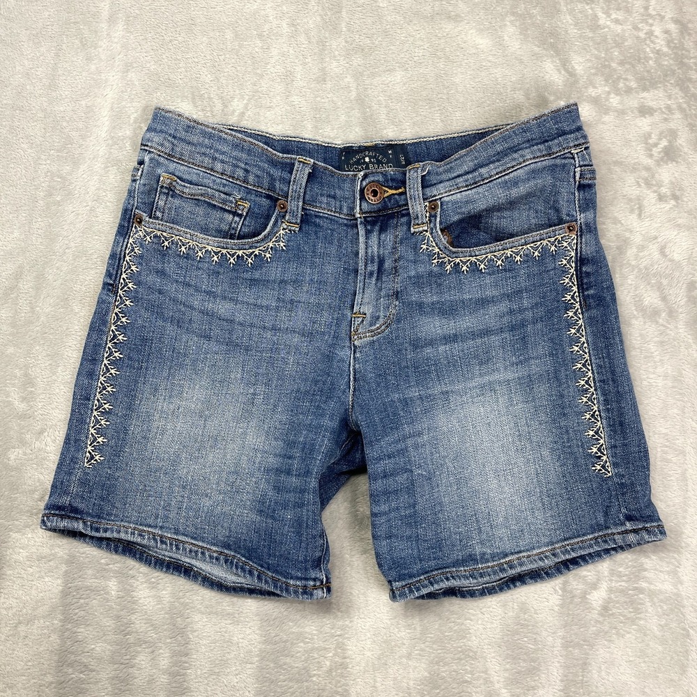 Lucky Brand Shorts Womens 4/27 Blue Denim The Roll Up Bermuda Embroidered Y2K - Picture 1 of 6